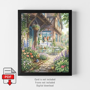 May include: A framed print of a charming cottage scene with a stone pathway, vibrant flowers, and a small table and chairs. The artwork features a shop with a sign that reads "Charmander - 60". A digital download is available.