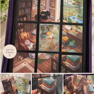 May include: A purple zippered trading card binder containing nine clear pockets filled with illustrated cards featuring various cartoon creatures in cozy indoor and outdoor settings, including a central Eevee card with a matte finish.