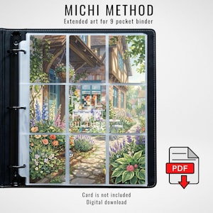 May include: A black 9-pocket binder containing a digital print of a cottage garden scene with stone paths, colorful flowers, and a house exterior. The text MICHI METHOD Extended art for 9 pocket binder and Card is not included Digital download is visible.