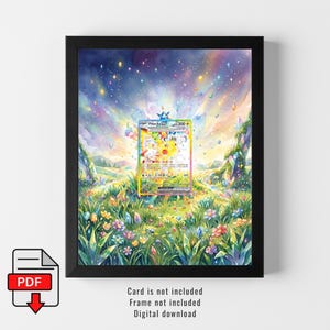 Puede incluir: Una impresión enmarcada con una ilustración en acuarela de una carta de Pokémon en un prado vibrante con un cielo estrellado. La carta es el punto focal, rodeada de flores y un paisaje caprichoso. El marco es negro.