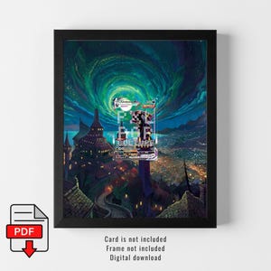 Può includere: Una stampa d'arte digitale raffigurante un paesaggio fantasy oscuro con un castello che sovrasta una città illuminata sotto un cielo notturno vorticoso verde e blu. Una carta collezionabile Umbreon VMAX è centrata. Il testo recita Card is not included, Frame not included, Digital download.