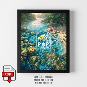 Könnte beinhalten: Gerahmter Kunstdruck mit einer lebendigen tropischen Flussszene mit klarem türkisfarbenem Wasser, Felsen und üppigem Grün. Das Kunstwerk enthält eine pixelige Ente und die Worte "POP CULTURE". Der Druck ist in einem schwarzen Rahmen.