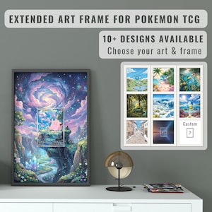 May include: An extended art frame for Pokémon TCG. The frame features a colorful landscape with a Pokémon card in the center. Additional designs are available, with the text "10+ DESIGNS AVAILABLE Choose your art & frame" displayed.