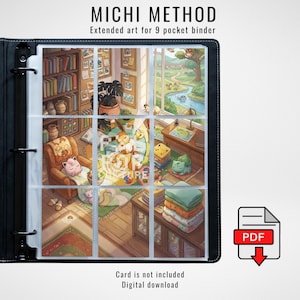 May include: A black 9-pocket binder containing a digital print with the text MICHI METHOD Extended art for 9 pocket binder. The artwork depicts a cozy room with various cartoon creatures, bookshelves, a window view, and stacks of folded blankets.