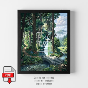 Pode incluir: Impressão de arte digital emoldurada retratando uma serena cena de floresta com uma ponte sobre um riacho. A obra de arte apresenta vegetação exuberante, um caminho e uma sobreposição pixelizada com a palavra "Pixel Culture".