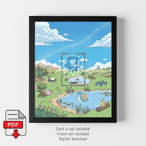 Puede incluir: Una impresión artística digital enmarcada que presenta un paisaje caprichoso con personajes de dibujos animados, un estanque y un cielo azul. La obra de arte incluye una tarjeta transparente con un diseño de personaje. El marco es negro.