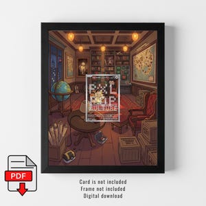 May include: A framed digital art print featuring a detailed interior scene of a study with a globe, bookshelves, a map, and a central trading card overlay with the text "PIXEL CULTURE" and "TEAM ROCKET" visible on wooden crates.