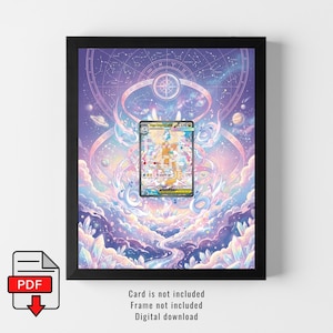 May include: A framed digital art print featuring a colorful, fantasy-themed illustration with a central trading card. The artwork showcases a celestial background with planets, clouds, and a constellation design. The print is in a black frame.