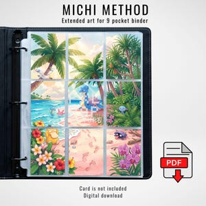 May include: A black 9-pocket binder containing a digital print titled MICHI METHOD Extended art for 9 pocket binder. The artwork features a tropical beach scene with palm trees, flowers, and various creatures, including a blue sea creature.