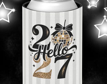 Enfriador de latas de Año Nuevo 2027 - Ideal para fiestas de Nochevieja - Diseño moderno a rayas - Un detalle divertido para celebrar - Regalo de cumpleaños número 27 - Un práctico portavasos