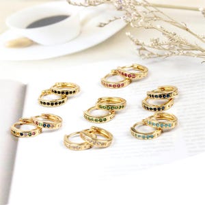 Colorful Zircon Huggie Hoop Earrings, Copper, 18K Gold Plated