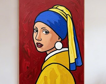 Retrato al óleo de estilo pop art pintado a mano, obra de arte femenina moderna de inspiración holandesa, decoración con figuras de colores vivos, acento ecléctico para el hogar.