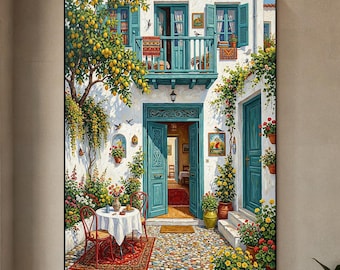 Cuadro al óleo de un patio de pueblo mediterráneo, puerta azul verdosa, limonero, arte vertical con textura floral sobre lienzo para la decoración de una sala de estar de estilo bohemio.