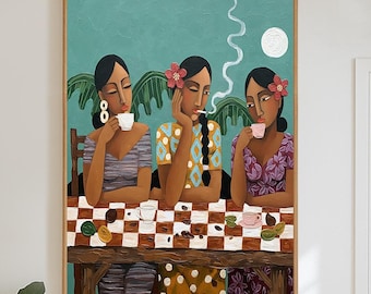 Gran cuadro figurativo al óleo de café, arte mural original pintado a mano de mujeres bohemias, retrato folclórico moderno sobre lienzo para decoración del hogar.
