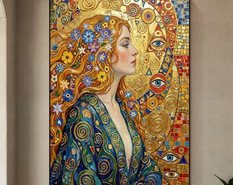 Golden Symbolist Portrait, Sacred Feminine Oil Painting with Ornamental Mosaic, Collector Art for Eclectic Luxury Homes