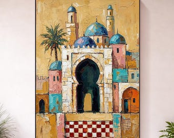 Impasto Moroccan Oil Painting, Mosque Architecture Textured Canvas Wall Art , Boho Arabic Cityscape Vertical Cultural Home Decor