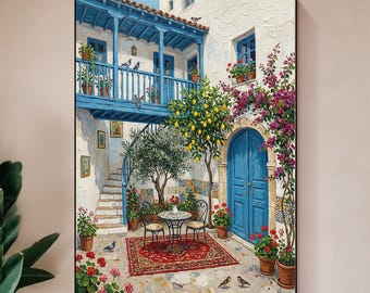 Cuadro al óleo de un patio mediterráneo, colorido pueblo español con puerta azul y buganvillas, lienzo vertical texturizado para la pared de la sala de estar.