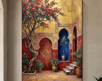 Pintura al óleo original de un patio marroquí, gran cuadro mediterráneo pintado a mano para pared, lienzo decorativo de estilo bohemio exótico para la sala de estar.