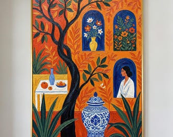 Cuadro de estilo de vida mediterráneo, decoración de pared para patio español, arte en lienzo de lujo discreto, obra de arte botánica en tonos naranja y azul.