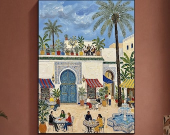 Pintura al óleo de un patio con puerta azul, escena de café mediterráneo con fuente en una plaza, decoración de pared para un estilo de vida relajado, acento para el hogar inspirado en los viajes.