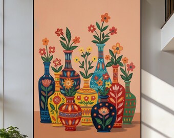 Jarrón floral de arte popular original pintado al óleo, decoración de pared con naturaleza muerta botánica colorida, obra de arte escandinava bohemia para sala de estar.