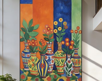 Lienzo con colorido bodegón floral folclórico, jarrón pintado a mano con colores vivos y llamativos, decoración de pared vibrante y maximalista para sala de estar moderna.