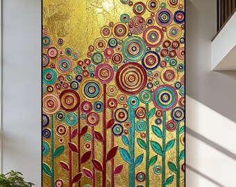 Pintura al óleo abstracta con hoja de oro y flores, arte vertical en lienzo con textura floral y círculos coloridos, decoración de pared moderna y lujosa para lofts.