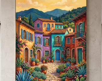Colorful Mediterranean Village Mountain Courtyard Oil Painting, Vibrant Tuscan Streetscape, Hand Painted Hacienda Style Artwork
