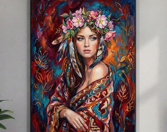 Retrato de mujer bohemia pintado al óleo, arte mural étnico femenino colorido, lienzo pintado a mano, decoración moderna de sala de estar bohemia
