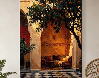 Original Mediterranean Courtyard Oil Painting, Hand-Painted Orange Tree Wall Art, Cozy Bohemian Interior Decor