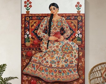Bohemian Folk Woman Painting, Colorful Mediterranean Figurative Canvas with Artisan Textile Patterns, Storytelling Artwork Decor