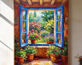 Groot impressionistisch bloementuinraamolieverfschilderij, handgemaakte kleurrijke cottagecore-canvaskunst, Franse landelijke muurdecoratie voor woonkamer
