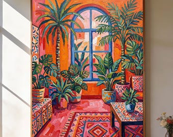 Pintura al óleo original con técnica de impasto, lienzo con palmeras tropicales y ventana arqueada, vibrante arte mural bohemio con textura de espátula para la decoración del hogar.