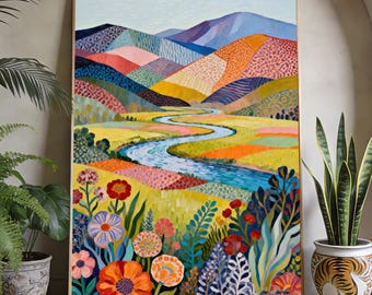 Pintura al óleo de paisaje con retazos pintados a mano, obra de arte de colinas con bloques de color, decoración de río serpenteante, arte paisajístico folclórico contemporáneo.
