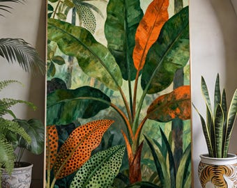 Pintura al óleo con técnica de impasto pintada a mano, lienzo con hojas de plátano tropicales y efecto selvático, arte mural botánico texturizado con espátula para una decoración neutra del hogar.