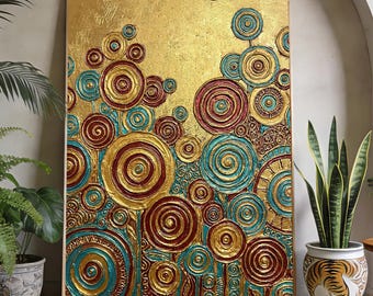 Pintura al óleo abstracta con técnica de empaste en espiral y pan de oro, lienzo vertical texturizado con círculos en tonos verde azulado y burdeos, decoración de pared moderna y lujosa para la sala de estar.