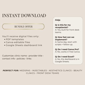May include: Digital download graphic with the text "Instant Download" and "Bundle Offer." Includes PDF templates, Canva-editable files, and a Google Sheets dashboard link. FAQs are included. Perfect for front desk teams.