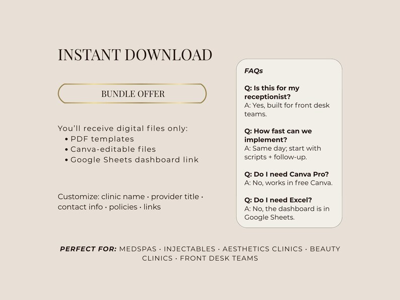 May include: Digital download graphic with the text "Instant Download" and "Bundle Offer." Includes PDF templates, Canva-editable files, and a Google Sheets dashboard link. FAQs are included. Perfect for front desk teams.