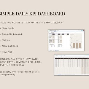 May include: A beige graphic with the text "SIMPLE DAILY KPI DASHBOARD." The text lists key performance indicators, including new leads, consults booked, shows, new patients, and revenue. Two spreadsheets are displayed, with the text "AUTO-CALCULATES: SHOW RATE."