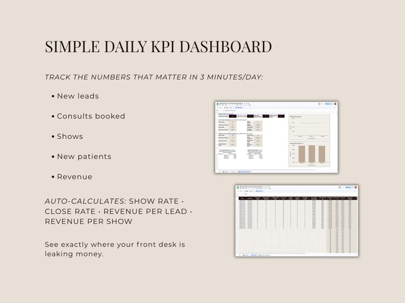 May include: A beige graphic with the text "SIMPLE DAILY KPI DASHBOARD." The text lists key performance indicators, including new leads, consults booked, shows, new patients, and revenue. Two spreadsheets are displayed, with the text "AUTO-CALCULATES: SHOW RATE."