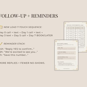 May include: A beige graphic with the text "FOLLOW-UP + REMINDERS" and a "NEW LEAD 7-TOUCH SEQUENCE" chart. The image also includes a "REMINDER STACK" with reminder text, and the phrase "MORE REPLIES + FEWER NO-SHOWS."