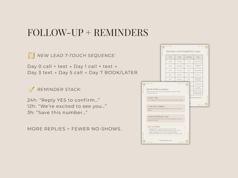 May include: A beige graphic with the text "FOLLOW-UP + REMINDERS" and a "NEW LEAD 7-TOUCH SEQUENCE" chart. The image also includes a "REMINDER STACK" with reminder text, and the phrase "MORE REPLIES + FEWER NO-SHOWS."