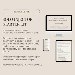 May include: A digital product bundle titled "Solo Injector Starter Kit" with text on a beige background. The kit includes scripts, follow-up, and consultation scripts. A computer monitor, phone, and tablet display the product's contents.