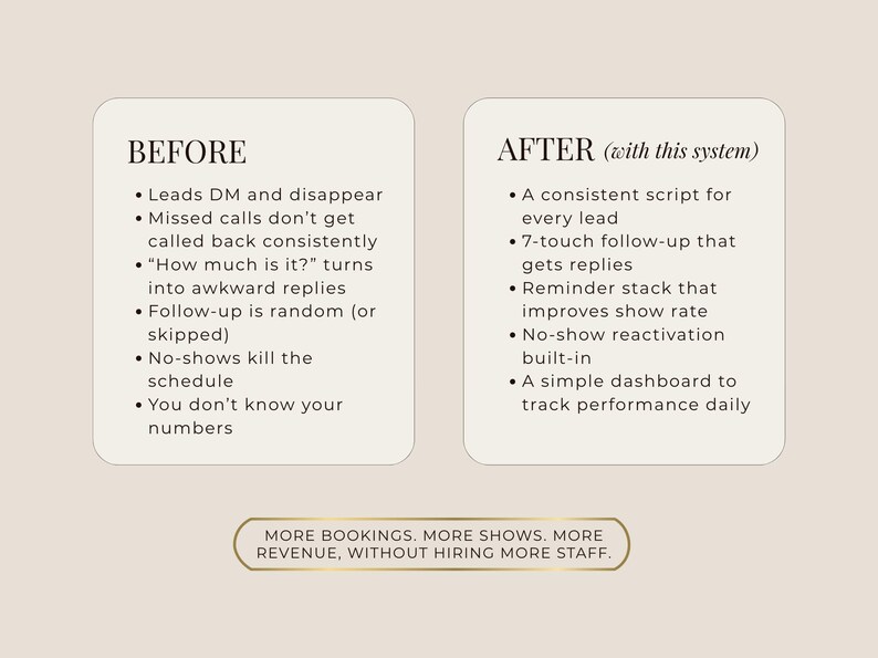 May include: A beige graphic with the words "BEFORE" and "AFTER" in black text, each in a white rounded rectangle. The "BEFORE" section lists issues, while "AFTER" details solutions. A gold banner at the bottom reads "MORE BOOKINGS. MORE SHOWS. MORE REVENUE, WITHOUT HIRING MORE STAFF."