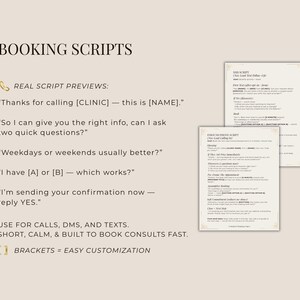 May include: Cream-colored graphic with the text "BOOKING SCRIPTS" and sample scripts for calls, texts, and DMs. The scripts include prompts for gathering information and confirming appointments. The text also mentions easy customization.