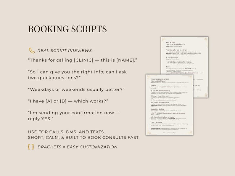 May include: Cream-colored graphic with the text "BOOKING SCRIPTS" and sample scripts for calls, texts, and DMs. The scripts include prompts for gathering information and confirming appointments. The text also mentions easy customization.