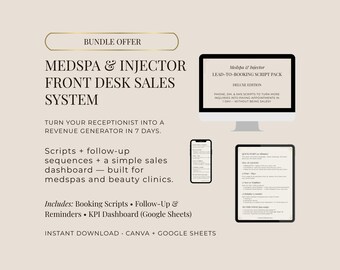 Medspa & Injektions-Empfangsstation-Schulungssystem | Telefon Scripts + DM/SMS Follow-Up + No Show Scripts + Sales Dashboard | Leinwand, Google Sheets