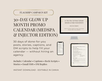 Medspa & Inuel Social Media Content Kalender 30 Tage | Promo Feldzug + Beschriftungen + Reels Hooks | Buchen Sprint + DM Scripts | Leinwand