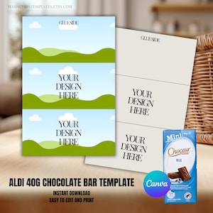 Könnte beinhalten: Ein Design-Template mit einer Landschaftsgrafik, die grüne Hügel, blauen Himmel und weiße Wolken zeigt. Der Text "YOUR DESIGN HERE" wird angezeigt. Eine Mini Choceur Milk Schokoriegel ist ebenfalls sichtbar. Der Text "ALDI 40G CHOCOLATE BAR TEMPLATE" wird angezeigt.