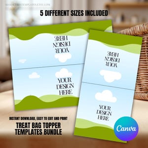 Könnte beinhalten: Zwei Vorlagen für Tütenaufleger mit einem Himmel- und Wolken-Design. Die Vorlagen haben grüne Ränder und den Text "YOUR DESIGN HERE". Der Text "5 DIFFERENT SIZES INCLUDED" und "TREAT BAG TOPPER TEMPLATES BUNDLE" sind ebenfalls sichtbar.